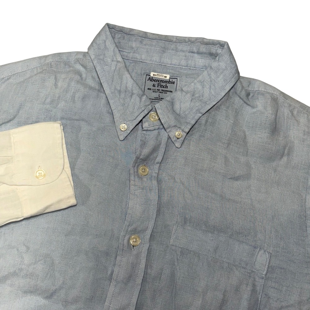 Abercrombie & Fitch Linen Shirt Mens L Blue Ombre Dip‎ Dye Long Sleeve Coastal